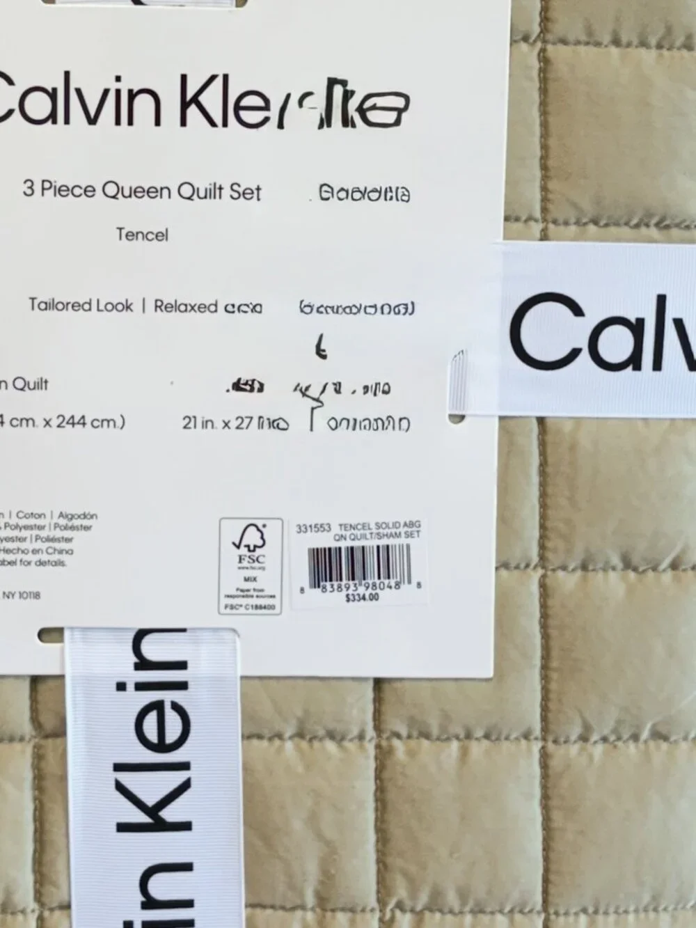 Calvin Klein Tencel Green F/Queen Quilt & Shams Box Stich  3PC set  New $334